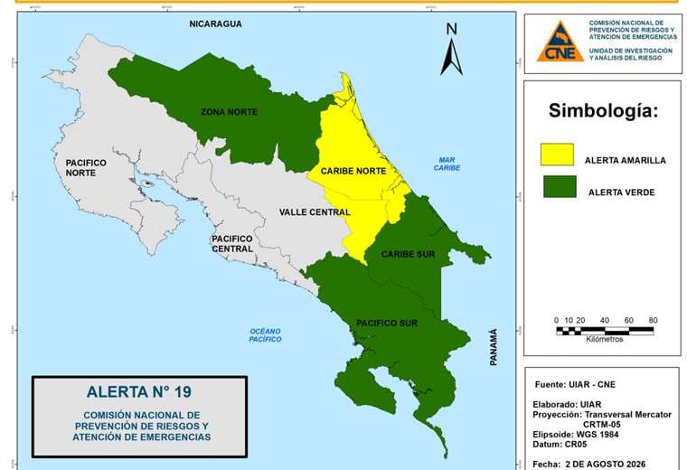 CNE declara Alerta Amarilla en Caribe Norte y Turrialba por llegada de Onda Tropical